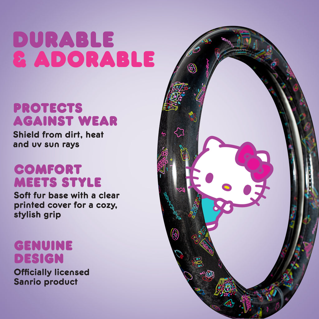 Hello Kitty Steering Wheel Cover, Official Sanrio Car Steering Wheel Cover with Universal Size 14.5 - 15.5, Cute Black Steering Wheel Cover for Women, Hello Kitty Car Accessories (Hello Kitty Kawaii Arcade)