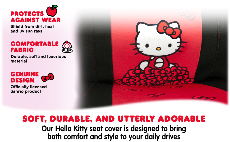 Sanrio Hello Kitty Car Seat Cover - Stylish Black and Red Front Seat Cover with Cute Bow Design, Durable and Comfortable Polyester, Hello Kitty & Friends Car Accessories 1pc