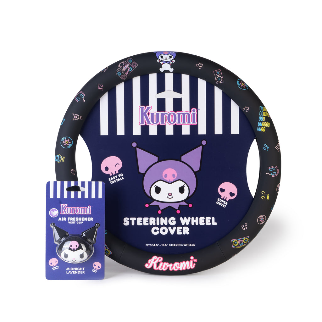 [Bundle] Kuromi Steering Wheel Cover, Official Sanrio Car Steering Wheel Cover with Easy Clip-on Car Air Freshener – Cute and Long-Lasting Kuromi Air Freshener for Car, Odor Eliminator, Fun Scents