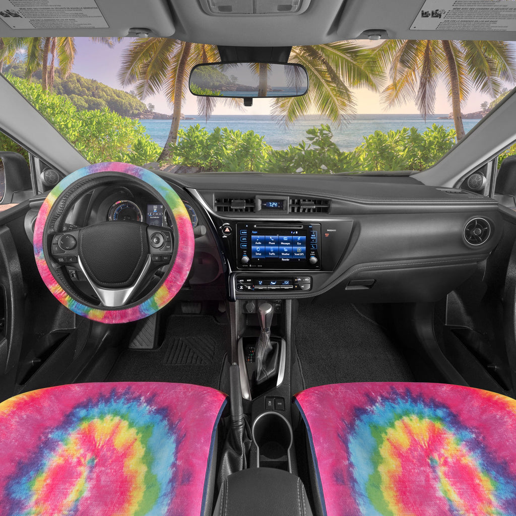 [Bundle] 2-Pack Tie-Dye Front Seat Covers & Steering Wheel Cover (Standard 14.5" - 15.5")