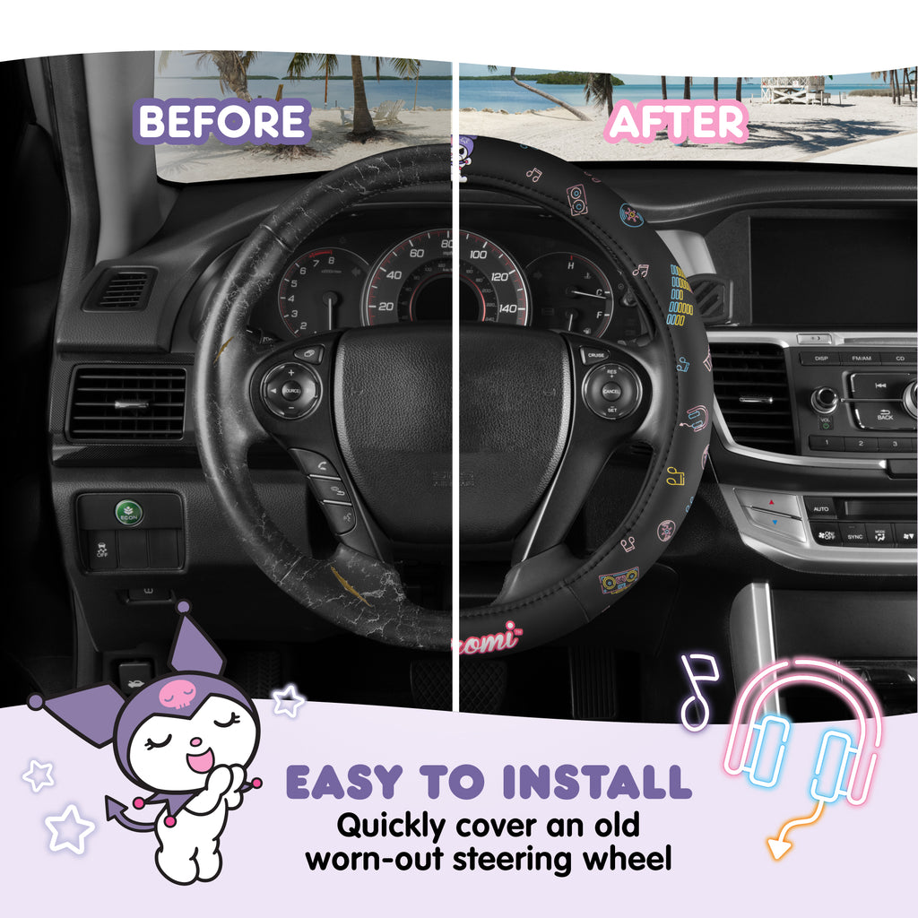 [Bundle] Kuromi Steering Wheel Cover, Official Sanrio Car Steering Wheel Cover with Easy Clip-on Car Air Freshener – Cute and Long-Lasting Kuromi Air Freshener for Car, Odor Eliminator, Fun Scents