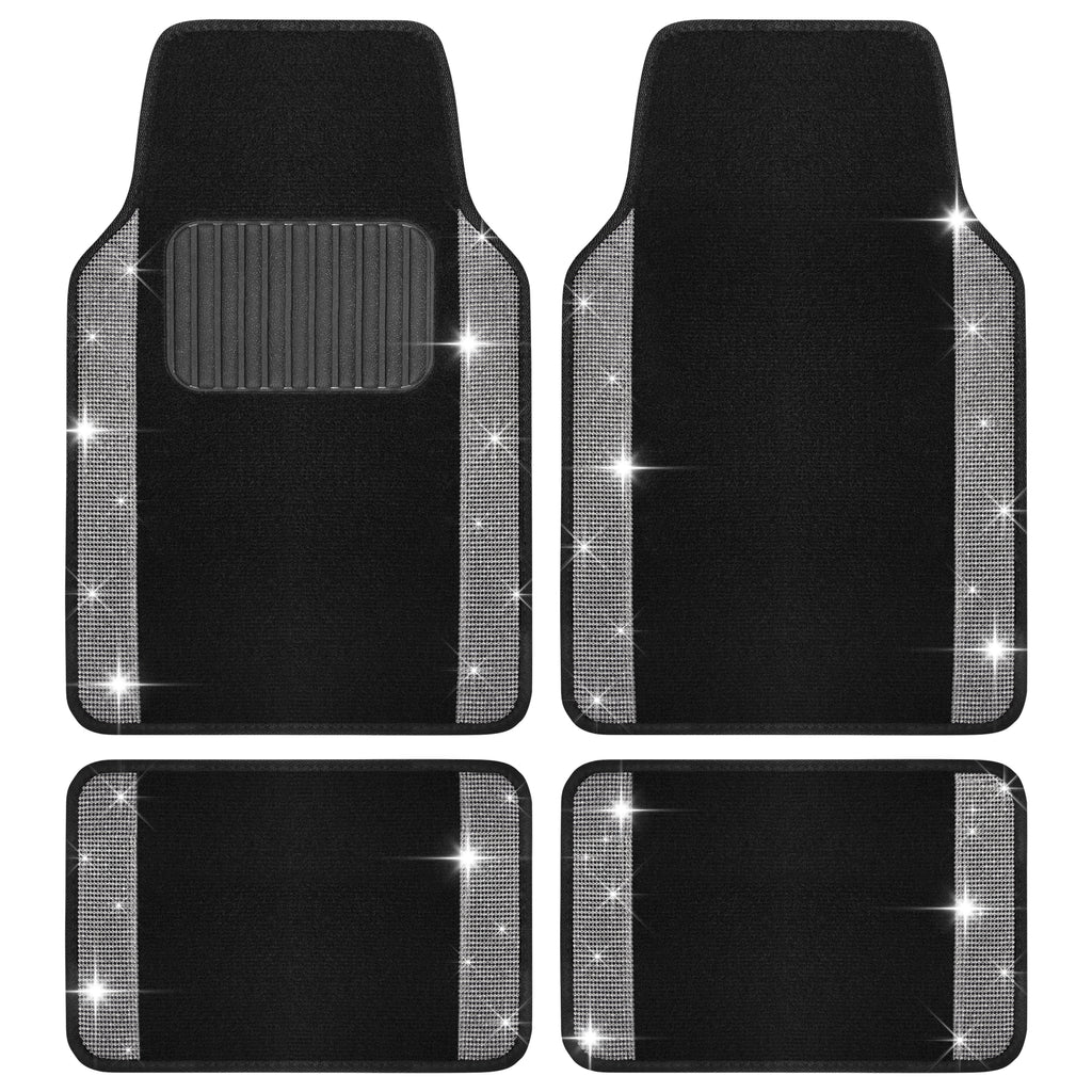 4-Piece Diamond Bling Front Floor Mats & Rear Floor Mats - Silver - Silver