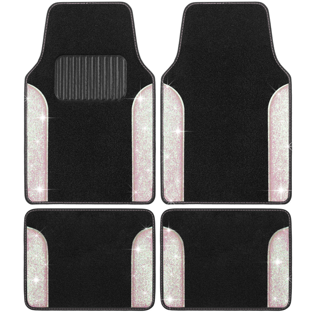 4-Piece Sparkle Glitter Front Floor Mats & Rear Floor Mats - Pink Silver - Pink Silver