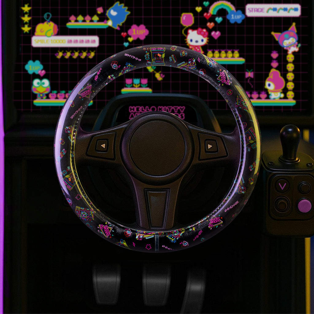 Hello Kitty Steering Wheel Cover, Official Sanrio Car Steering Wheel Cover with Universal Size 14.5 - 15.5, Cute Black Steering Wheel Cover for Women, Hello Kitty Car Accessories (Hello Kitty Kawaii Arcade)