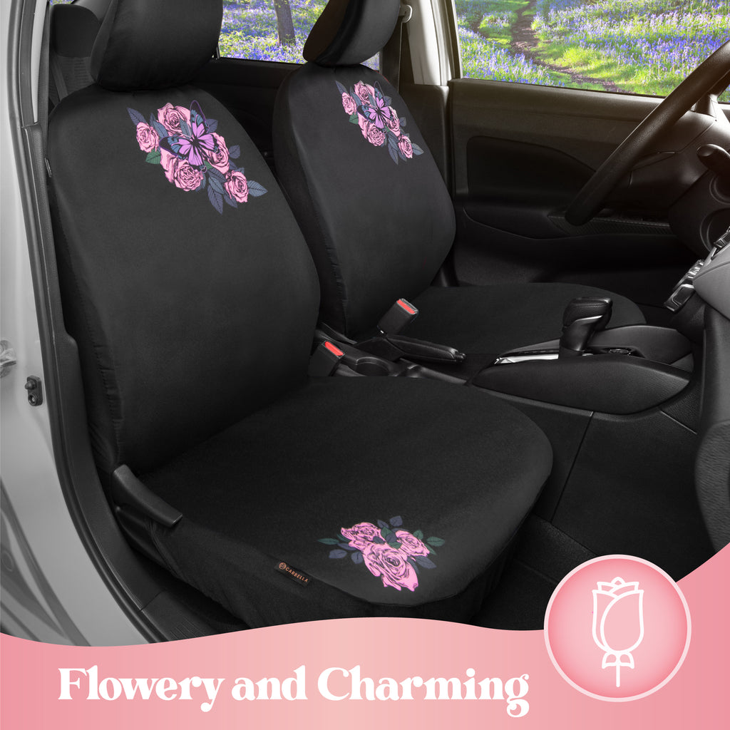 Pink Butterfly & Flowers Car Seat Covers, Cute Car Accessories for Women Front Seat Covers for Car Fits most Cars Trucks Vans SUV Embroidered Design