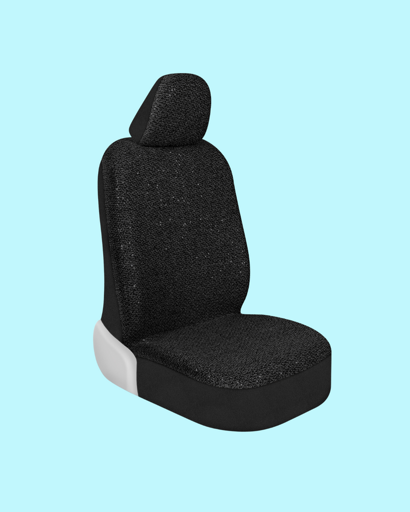 black sequin car seat cover on light blue background