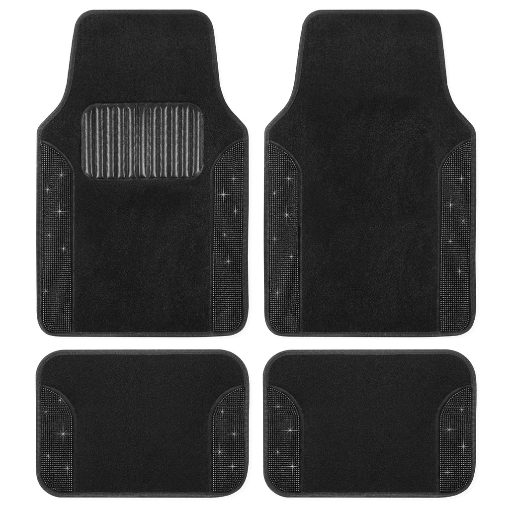 4-Piece Diamond Bling Front Floor Mats & Rear Floor Mats - Black - Black