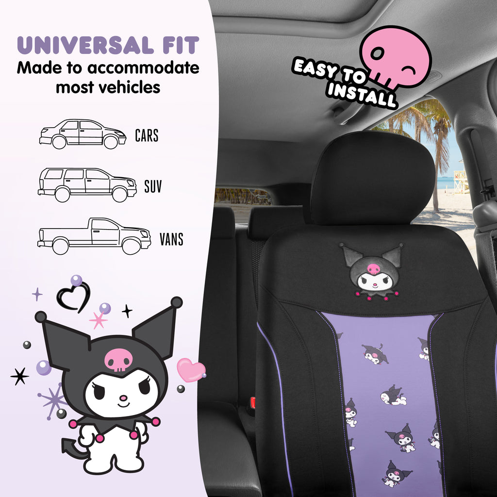 Sanrio Kuromi Car Seat Cover - Cute Black and Purple Front Seat Cover with Lavender Accents, Durable and Comfortable Polyester, Hello Kitty & Friends Car Accessories 1pc