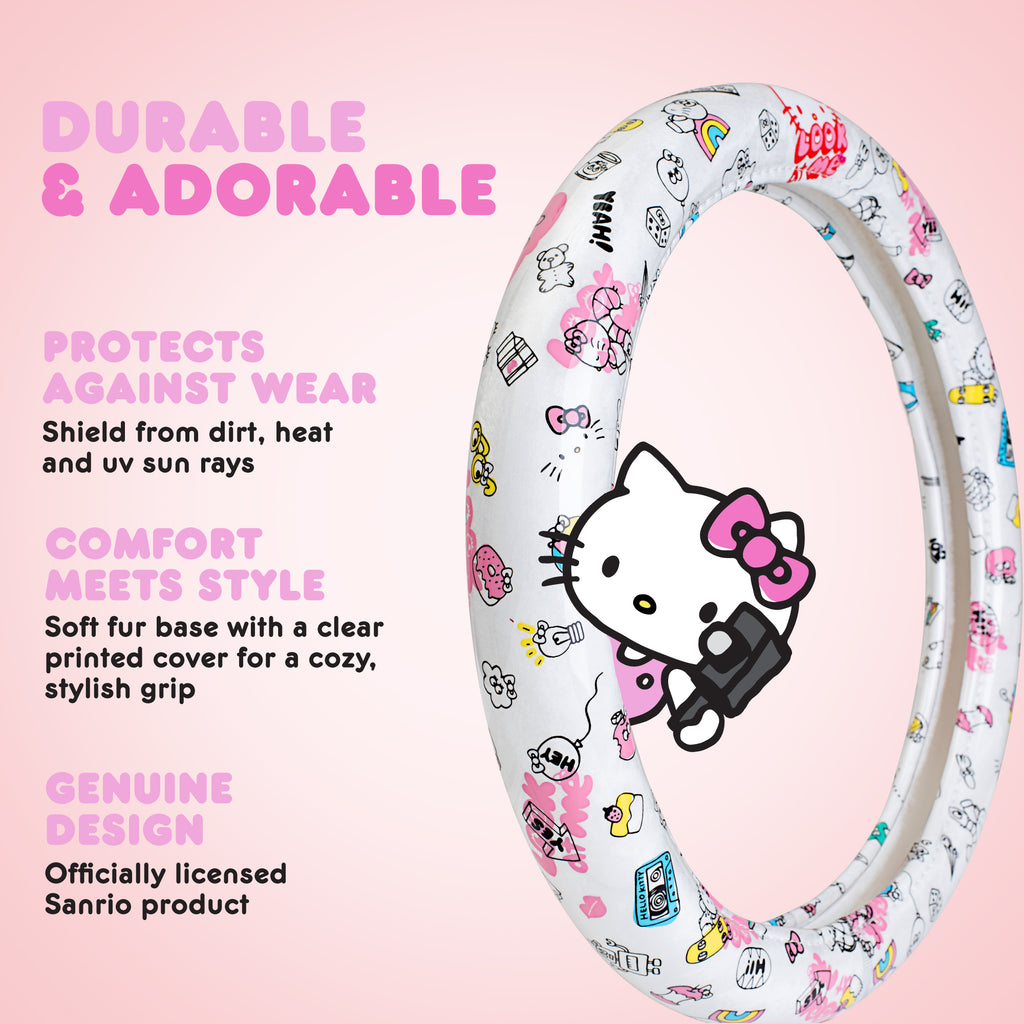 Hello Kitty Steering Wheel Cover, Official Sanrio Car Steering Wheel Cover with Universal Size 14.5 - 15.5, Cute White Steering Wheel Cover for Women, Hello Kitty Car Accessories (Hello Kitty Look at Me)