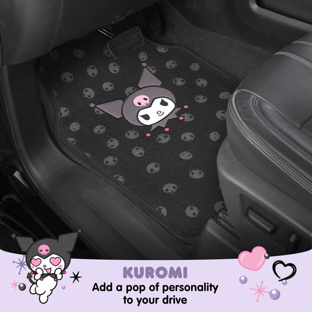 [Bundle] Hello Kitty Kuromi Car Seat Covers - Cute Black and Purple Front Seat Covers with 4PC Carpet Car Floor Mats - Universal Fit for Cars, SUVs & Trucks - Black with Kuromi Print & Purple, Pink Accents