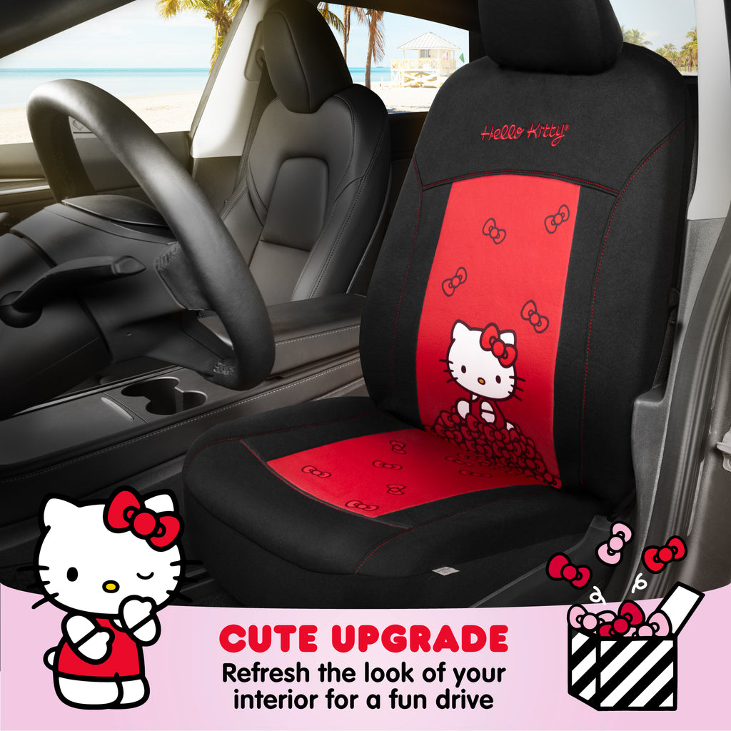 Sanrio Hello Kitty Car Seat Cover - Stylish Black and Red Front Seat Cover with Cute Bow Design, Durable and Comfortable Polyester, Hello Kitty & Friends Car Accessories 1pc