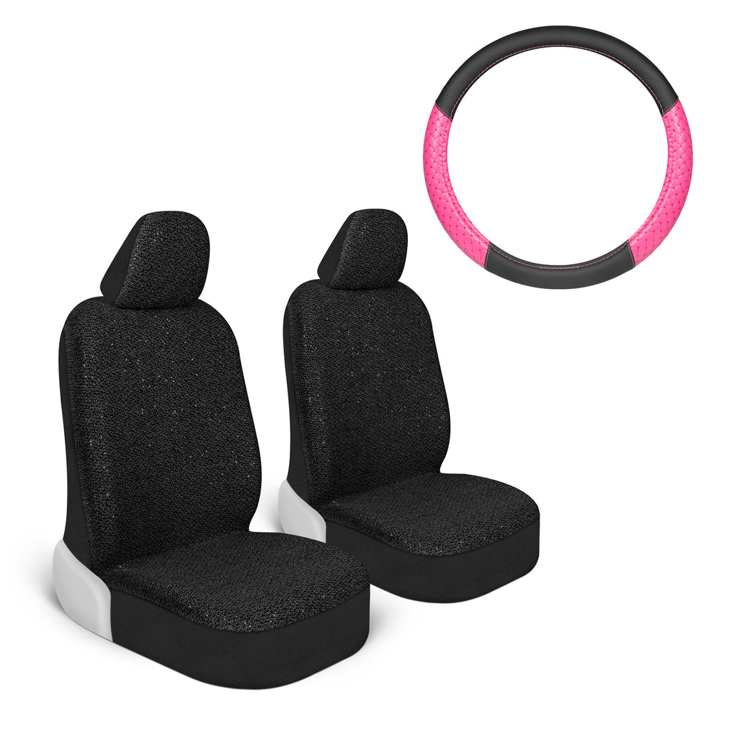 Black Sequin Bling Tweed Car Seat Covers and Black and Pink Sequin Steering Wheel Cover