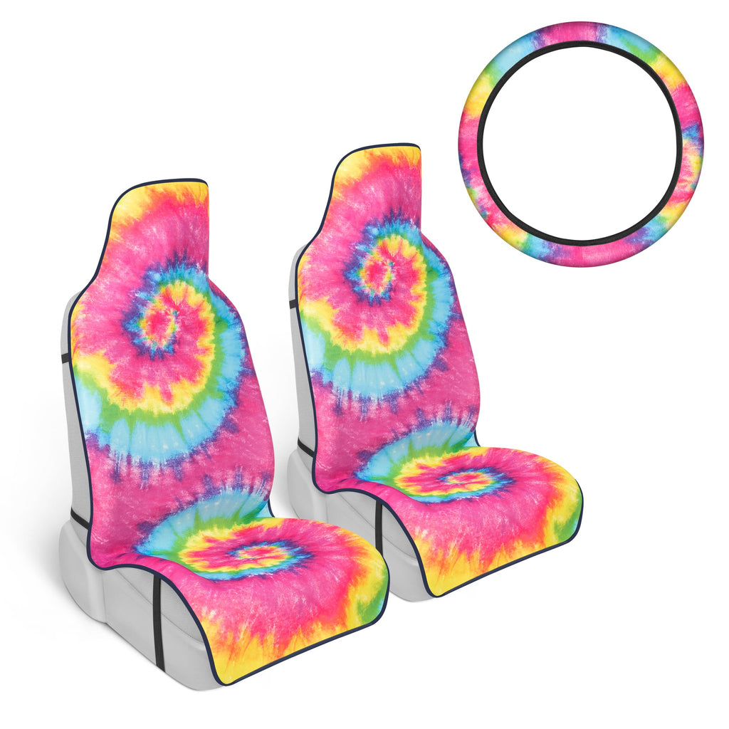 [Bundle] 2-Pack Tie-Dye Front Seat Covers & Steering Wheel Cover (Standard 14.5" - 15.5")