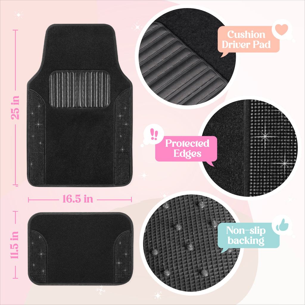 4-Piece Diamond Bling Front Floor Mats & Rear Floor Mats - Black - Black