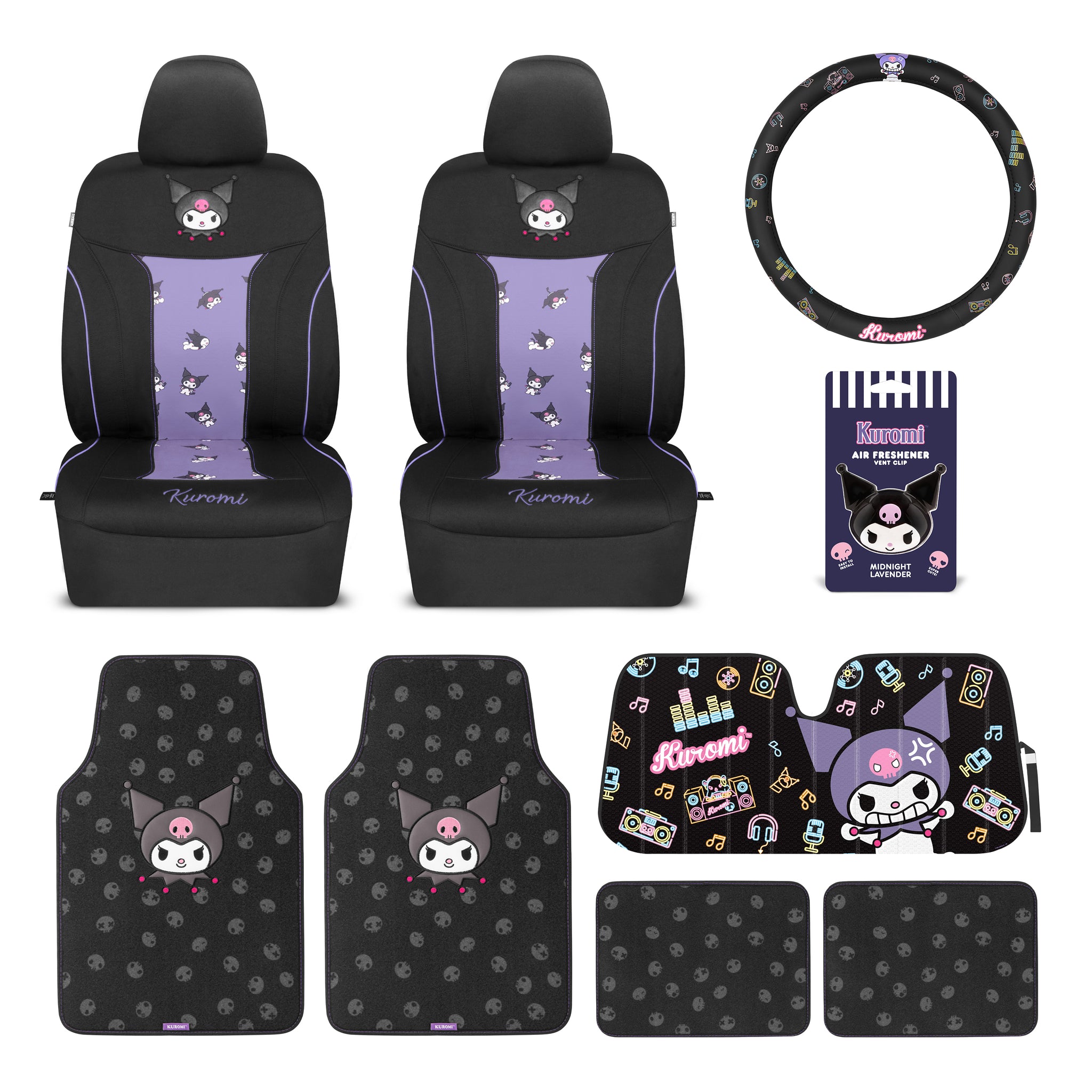 Bundle] Kuromi Car Seat Covers, Car Floor Mats, Steering Wheel