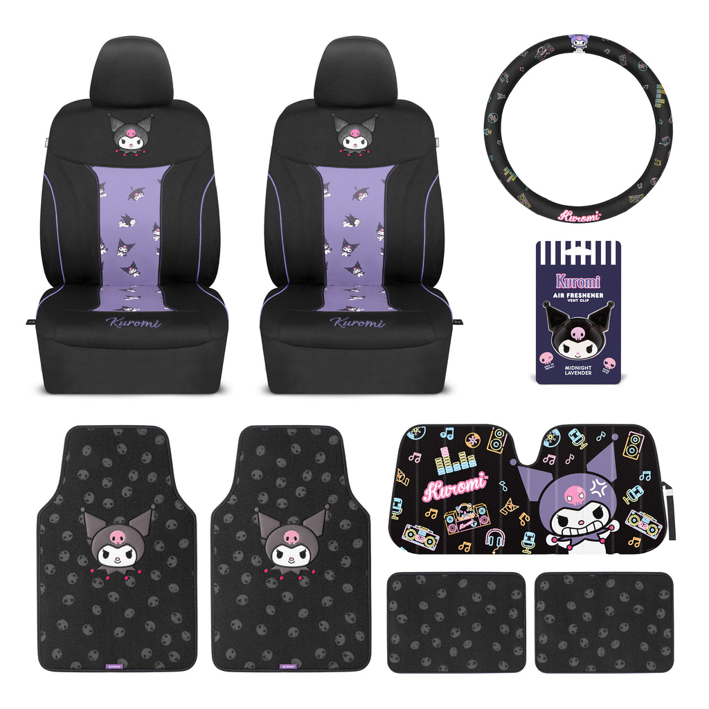 [Bundle] Kuromi Car Seat Covers, Car Floor Mats, Steering Wheel Cover, Windshield Sun Shade for Car Gift Pack Car Air Freshener Black and Purple Hello Kitty Car Accessories for Women 9pc Combo