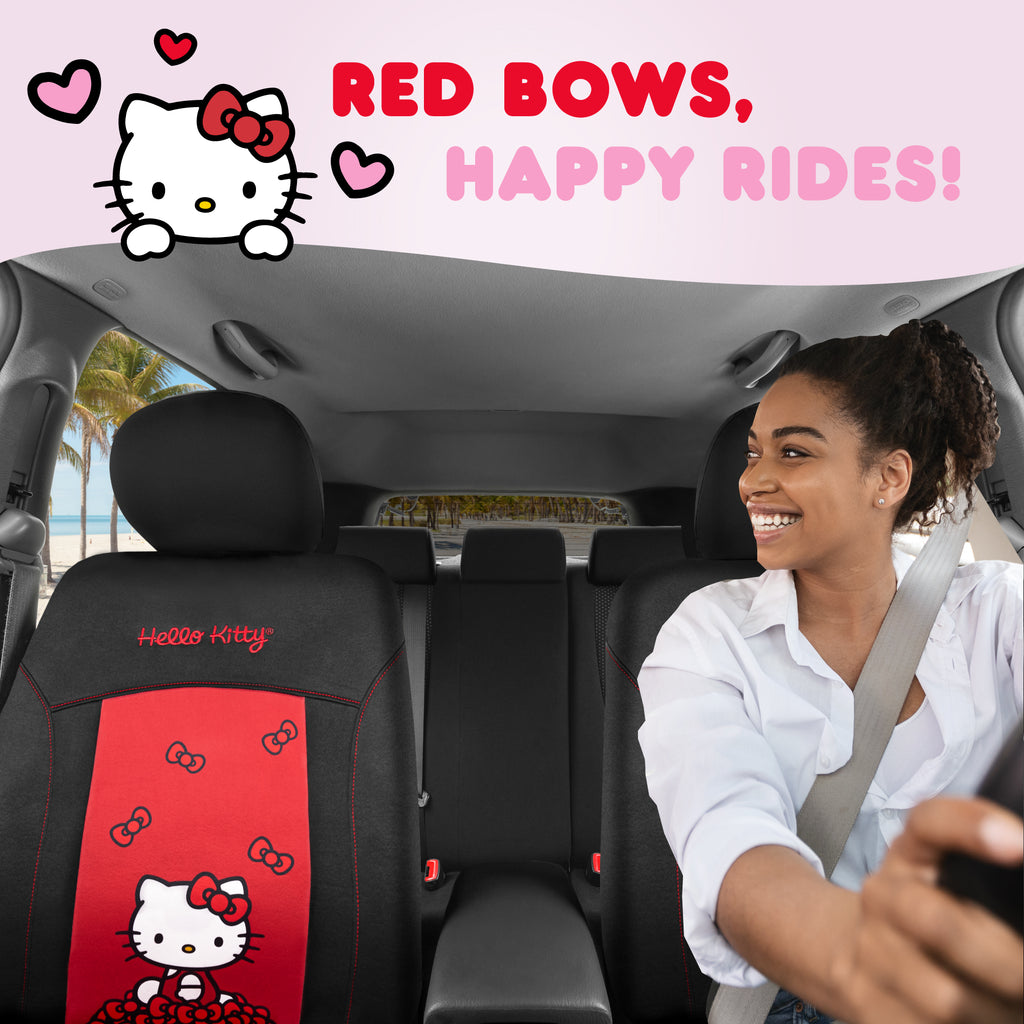 Sanrio Hello Kitty Car Seat Cover - Stylish Black and Red Front Seat Cover with Cute Bow Design, Durable and Comfortable Polyester, Hello Kitty & Friends Car Accessories 1pc