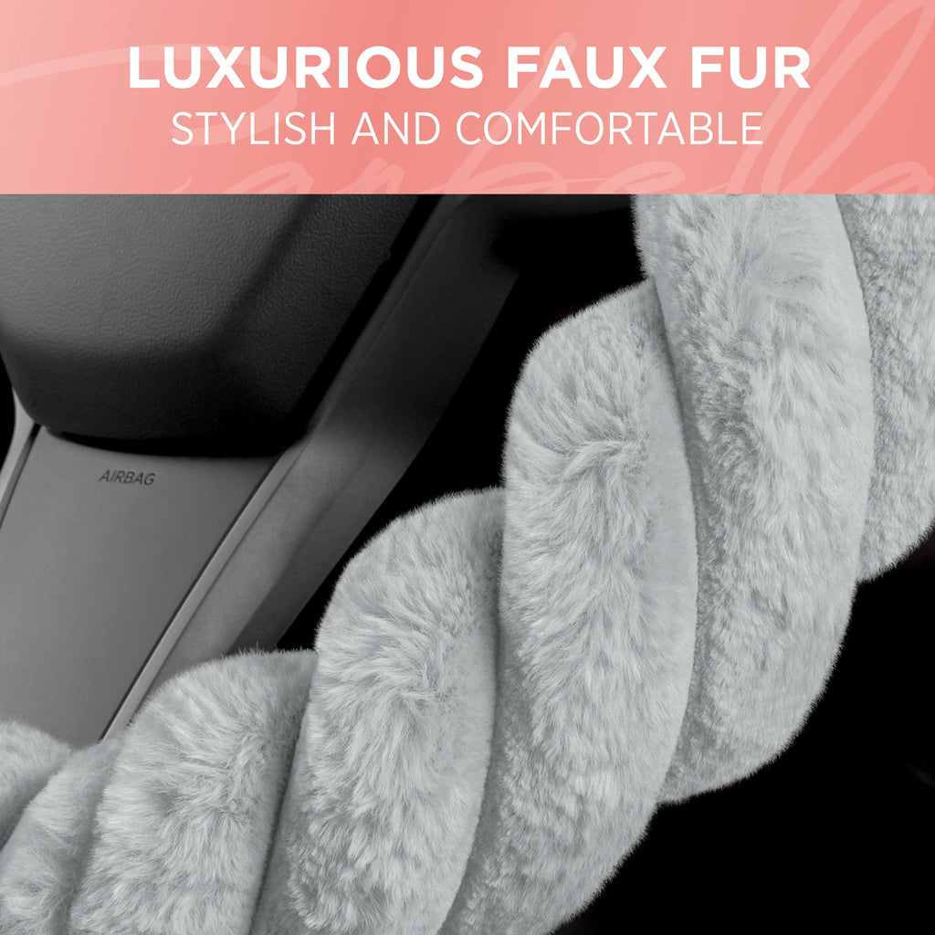 [Bundle] 2-Pack Plush Faux Fur Front Seat Covers & Twisted Plush Faux Fur Steering Wheel Cover (Standard 14.5" - 15.5")