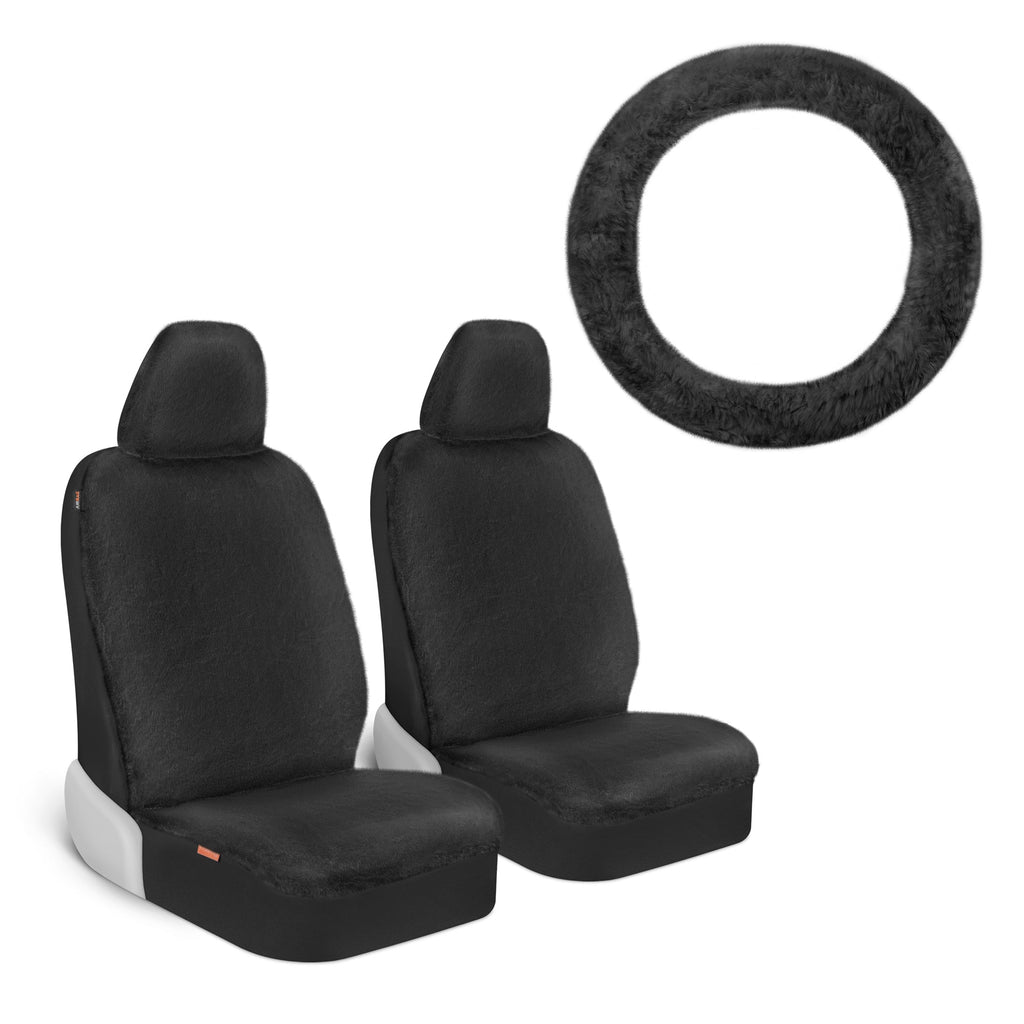 [Bundle] 2-Pack Plush Faux Fur Front Seat Covers & Plush Faux Fur Steering Wheel Cover (Standard 14.5" - 15.5")