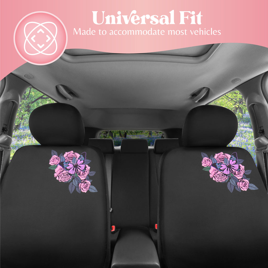 Pink Butterfly & Flowers Car Seat Covers, Cute Car Accessories for Women Front Seat Covers for Car Fits most Cars Trucks Vans SUV Embroidered Design