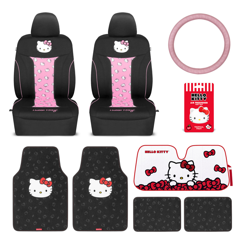 [Bundle] Hello Kitty Car Seat Covers, Car Floor Mats, Steering Wheel Cover, Windshield Sun Shade for Car Gift Pack Car Air Freshener Black and Pink Hello Kitty Car Accessories for Women 9pc Combo