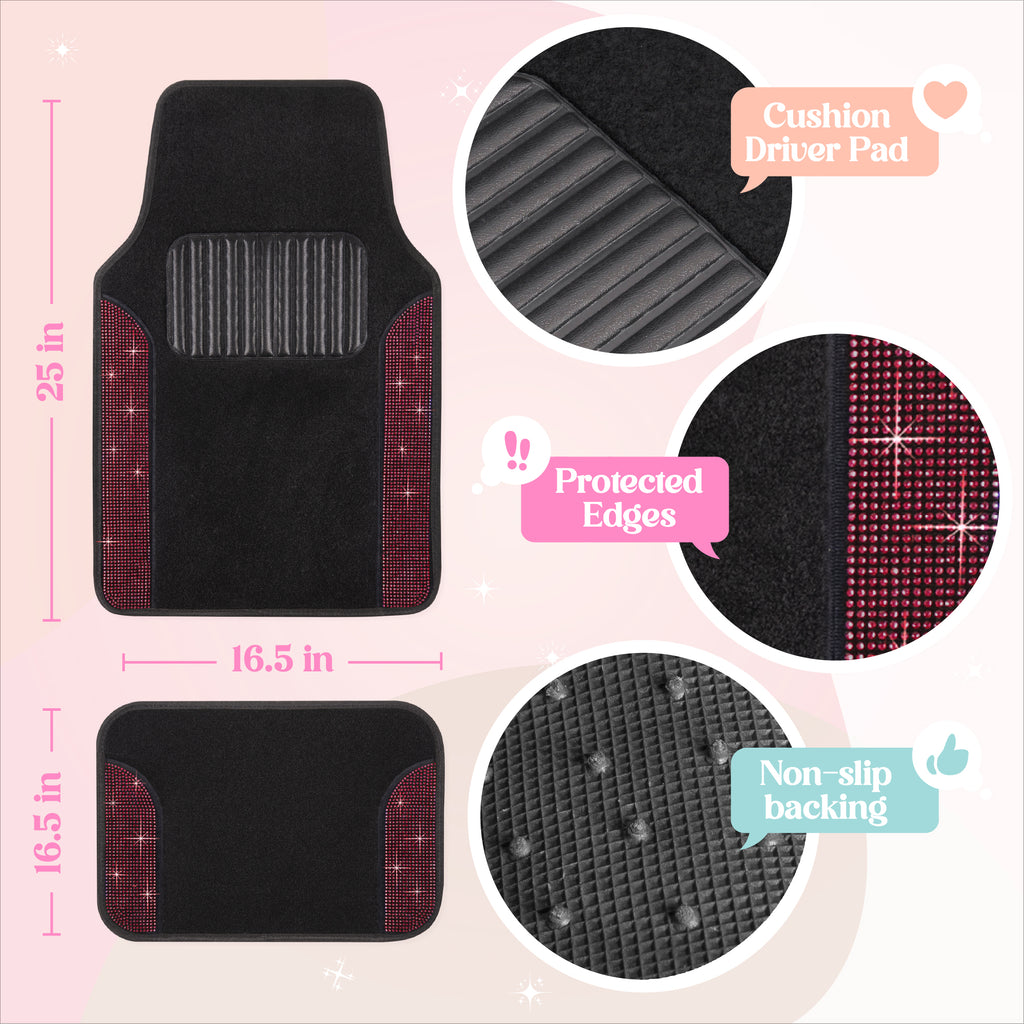 4-Piece Diamond Bling Front Floor Mats & Rear Floor Mats - Red - Red