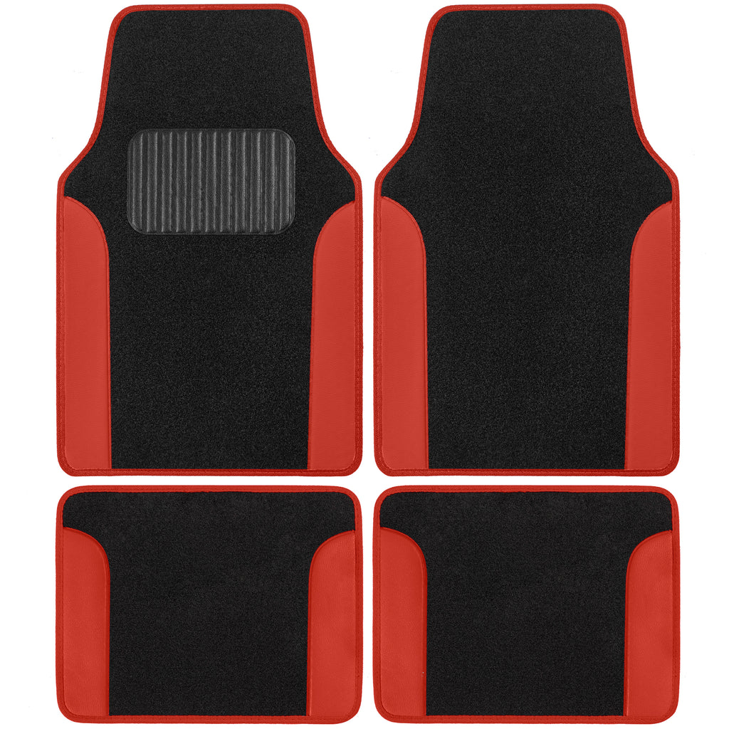 4-Piece Carpet Leatherette Front Floor Mats & Rear Floor Mats - Red - Red