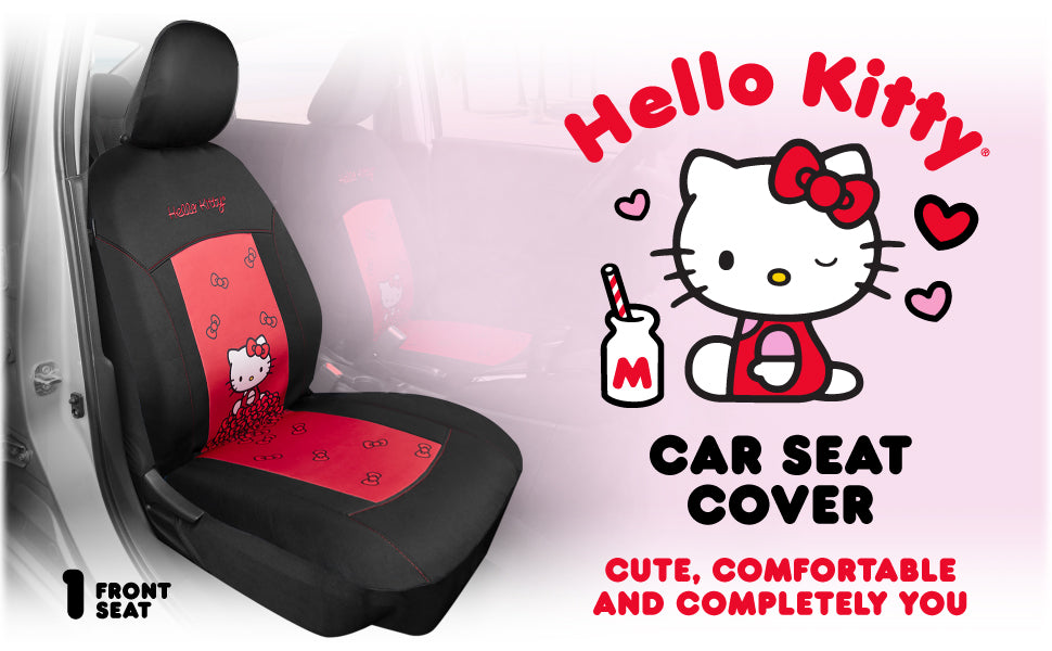 Sanrio Hello Kitty Car Seat Cover - Stylish Black and Red Front Seat Cover with Cute Bow Design, Durable and Comfortable Polyester, Hello Kitty & Friends Car Accessories 1pc