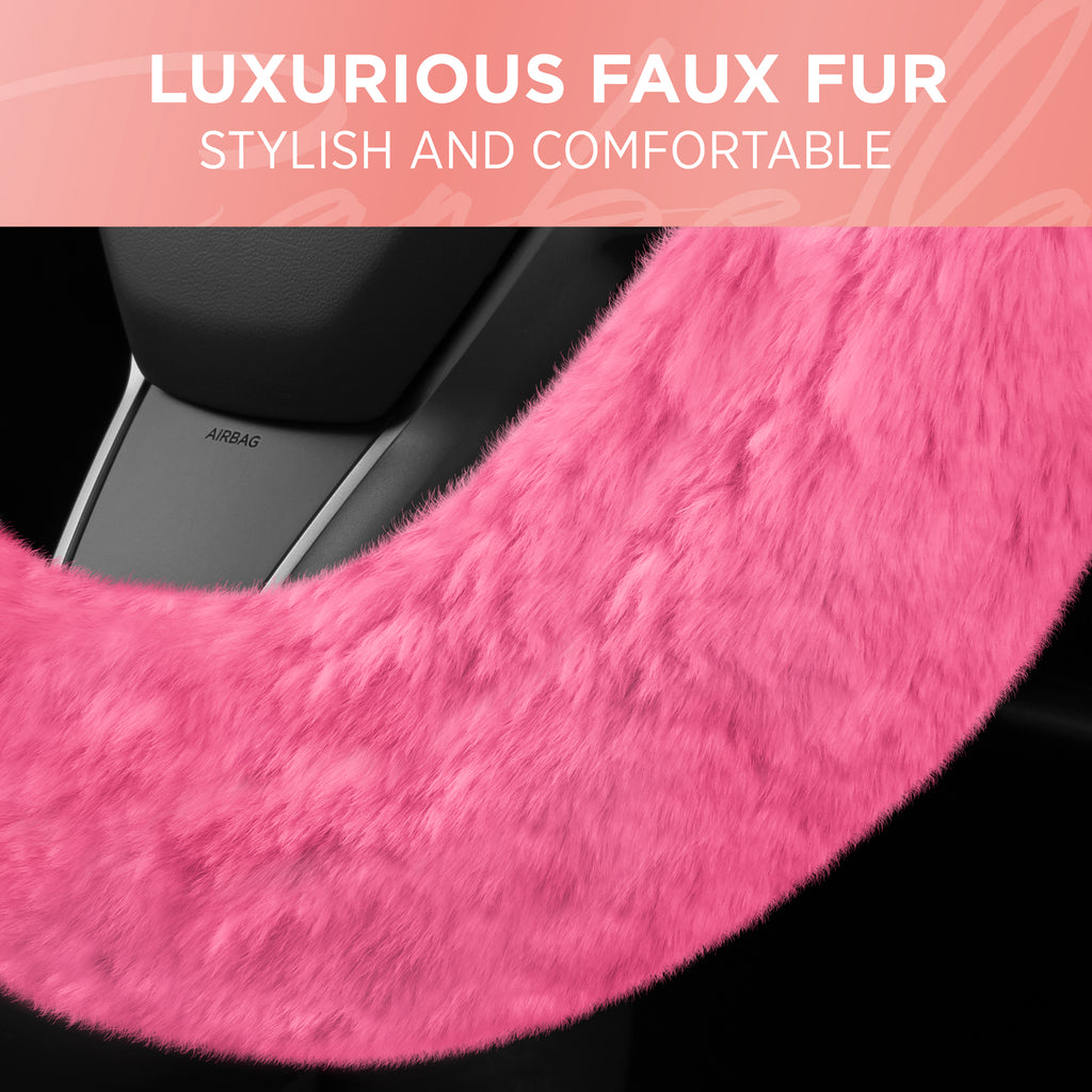 Plush Faux Fur Steering Wheel Cover (Standard 14.5" - 15.5") - Pink - Pink