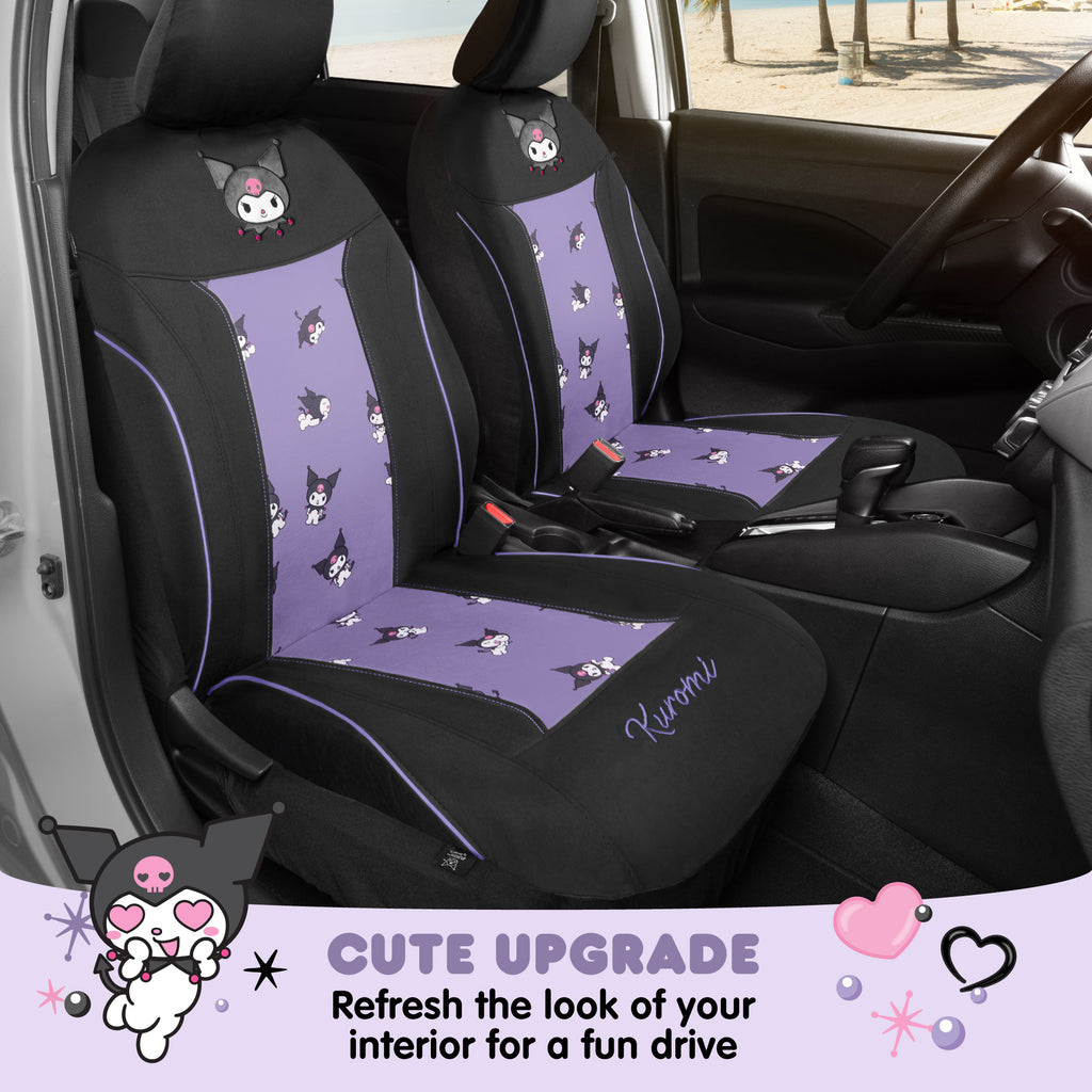 [Bundle] Hello Kitty Kuromi Car Seat Covers - Cute Black and Purple Front Seat Covers with 4PC Carpet Car Floor Mats - Universal Fit for Cars, SUVs & Trucks - Black with Kuromi Print & Purple, Pink Accents