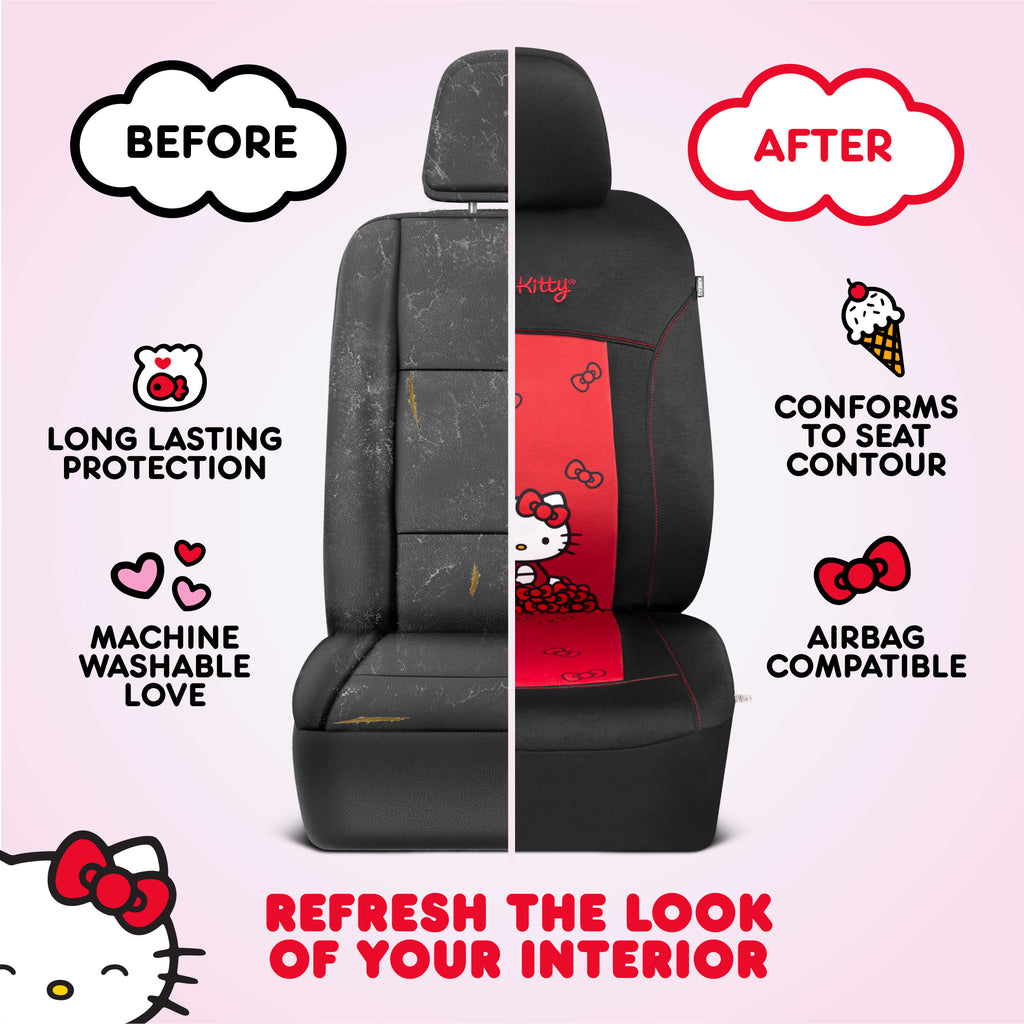 [Bundle] Hello Kitty Car Seat Covers - Stylish Black and Red Front Seat Covers with 4PC Carpet Car Floor Mats - Universal Fit for Cars, SUVs & Trucks - Black with Red Bow & Hello Kitty Print