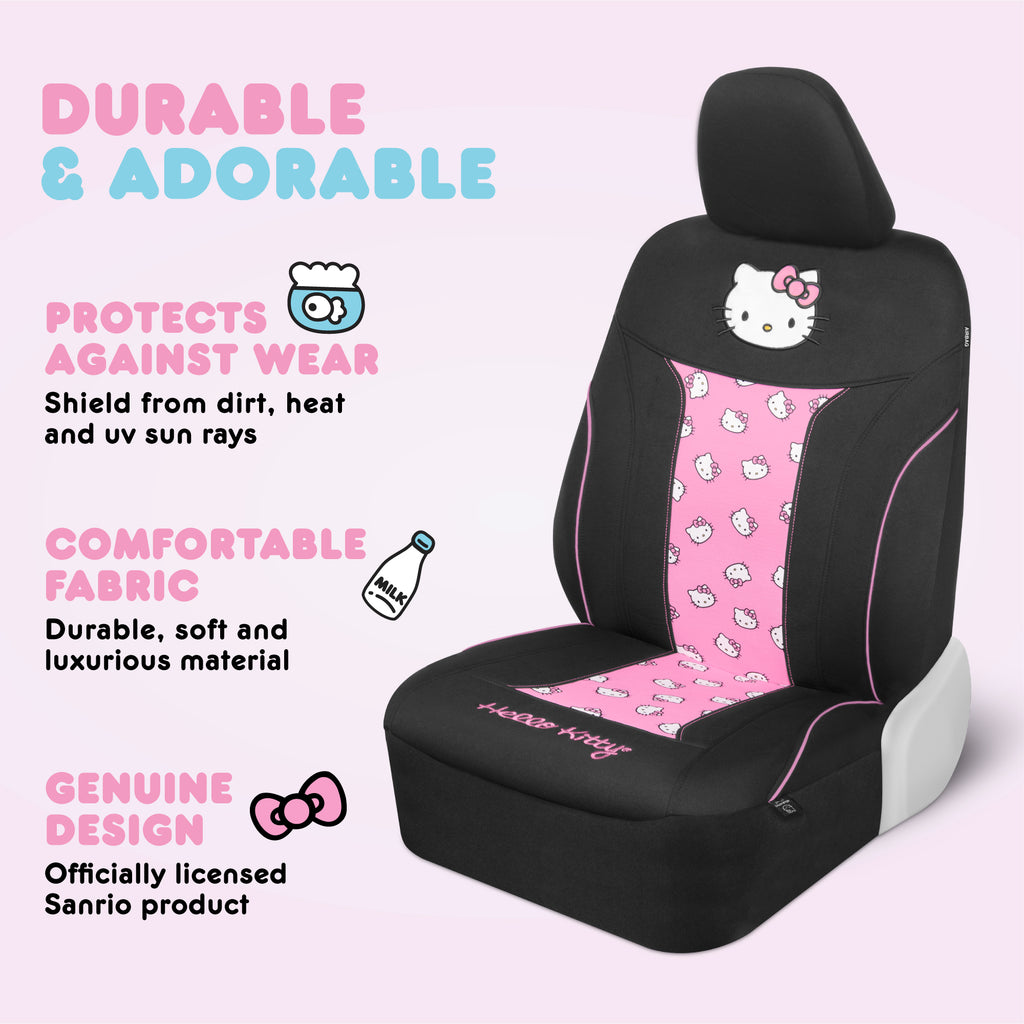 [Bundle] Hello Kitty Car Seat Covers - Cute and Durable Pink Front Seat Covers with 4PC Carpet Car Floor Mats - Universal Fit for Cars, SUVs & Trucks - Black with Red Bow & Hello Kitty Print