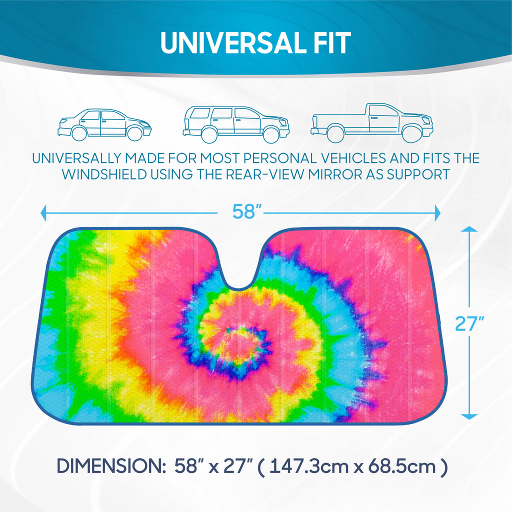 BDK Colorful Rainbow Tie Dye Windshield Sunshade for Cars - Multi-Colored Double Bubble Accordion Folding Sun Shade for Car Truck SUV – Car Sun Visor Protector to Keep Your Vehicle Cool - 58 x 27