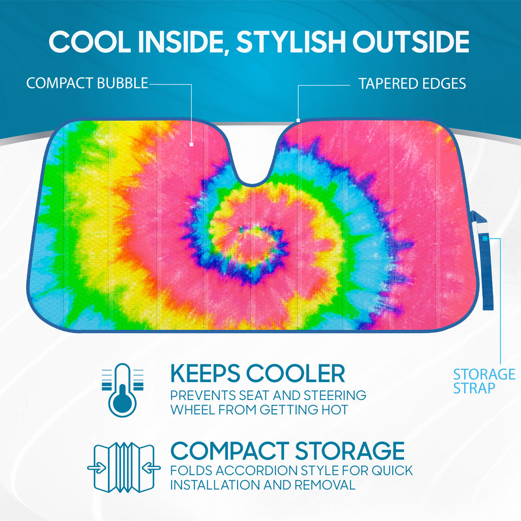 BDK Colorful Rainbow Tie Dye Windshield Sunshade for Cars - Multi-Colored Double Bubble Accordion Folding Sun Shade for Car Truck SUV – Car Sun Visor Protector to Keep Your Vehicle Cool - 58 x 27
