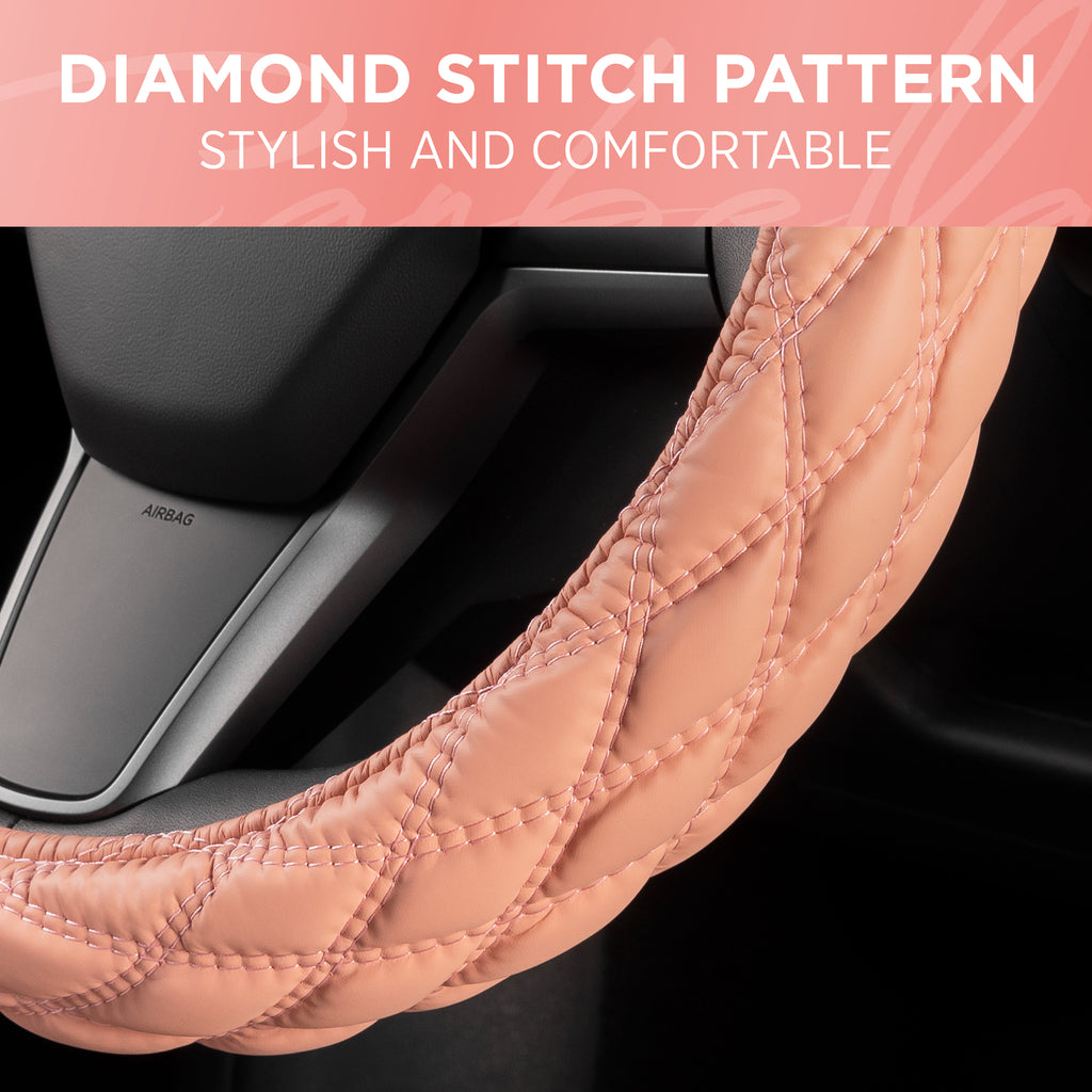 Diamond Stitched Leatherette Steering Wheel Cover (Standard 14.5" - 15.5") - Coral - Coral