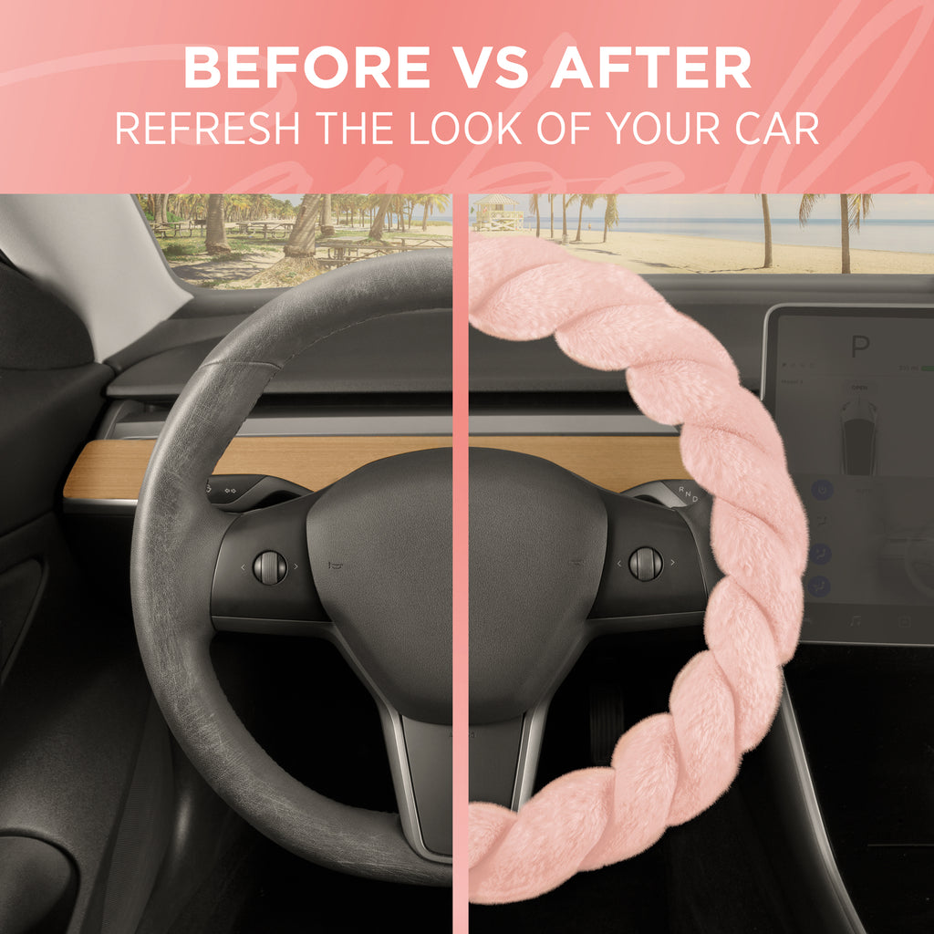 Twisted Plush Faux Fur Steering Wheel Cover (Standard 14.5" - 15.5") - Soft Pink - Soft Pink