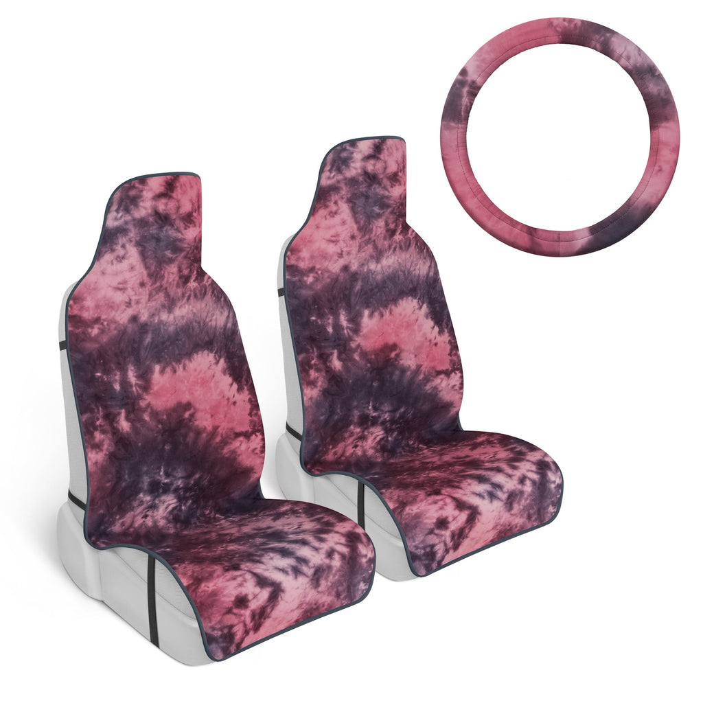 [Bundle] 2-Pack Tie-Dye Front Seat Covers & Steering Wheel Cover (Standard 14.5" - 15.5")