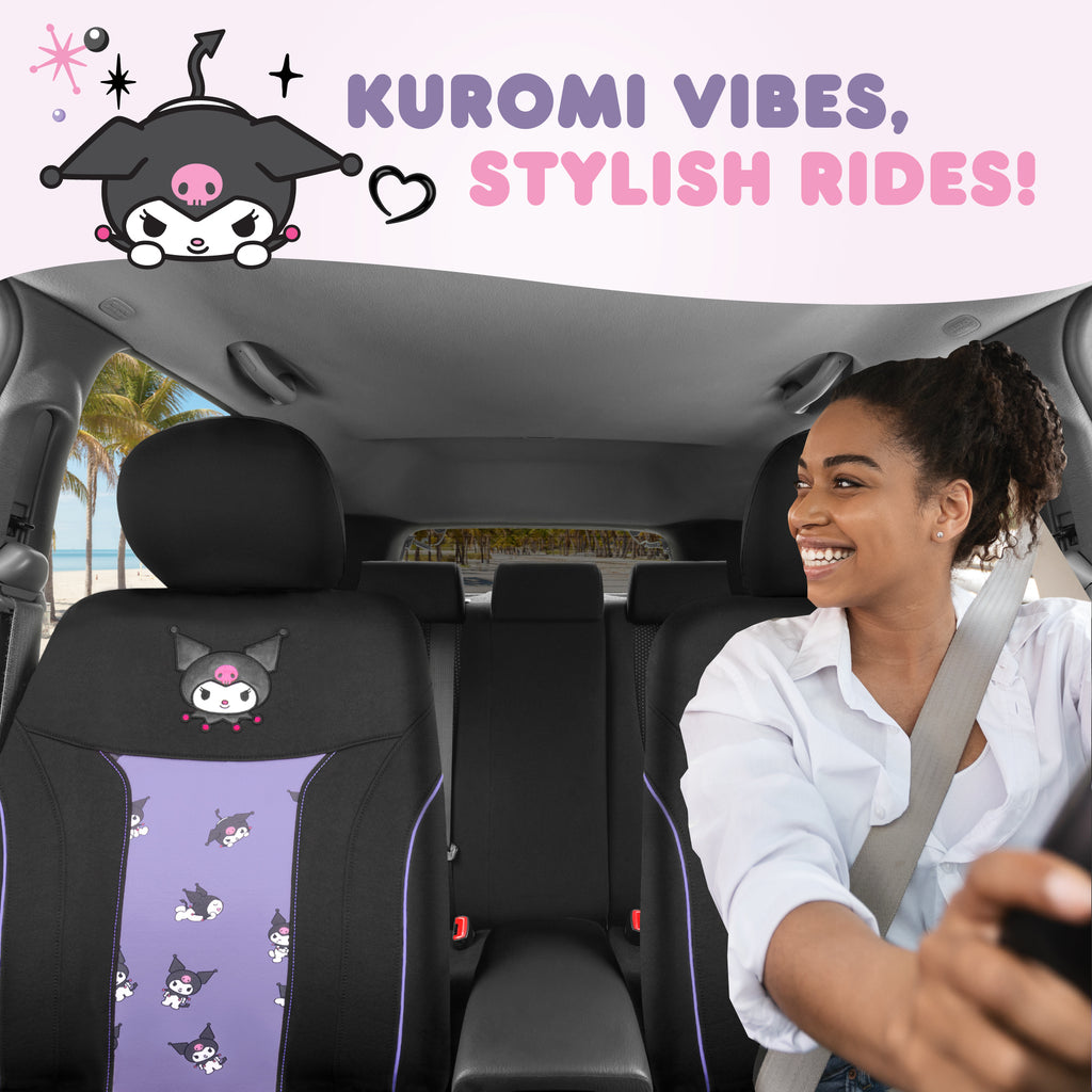 [Bundle] Hello Kitty Kuromi Car Seat Covers - Cute Black and Purple Front Seat Covers with 4PC Carpet Car Floor Mats - Universal Fit for Cars, SUVs & Trucks - Black with Kuromi Print & Purple, Pink Accents