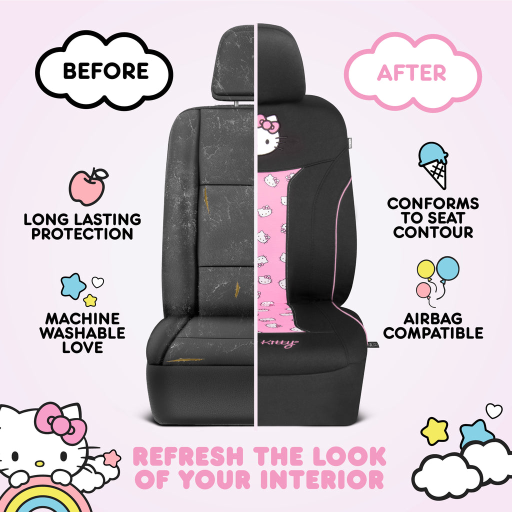 [Bundle] Hello Kitty Car Seat Covers - Cute and Durable Pink Front Seat Covers with 4PC Carpet Car Floor Mats - Universal Fit for Cars, SUVs & Trucks - Black with Red Bow & Hello Kitty Print