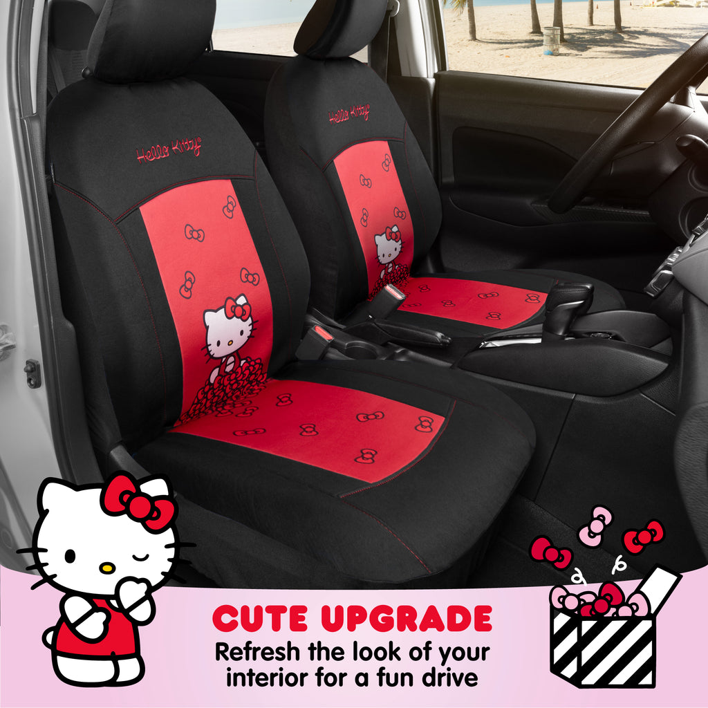 [Bundle] Hello Kitty Car Seat Covers - Stylish Black and Red Front Seat Covers with 4PC Carpet Car Floor Mats - Universal Fit for Cars, SUVs & Trucks - Black with Red Bow & Hello Kitty Print