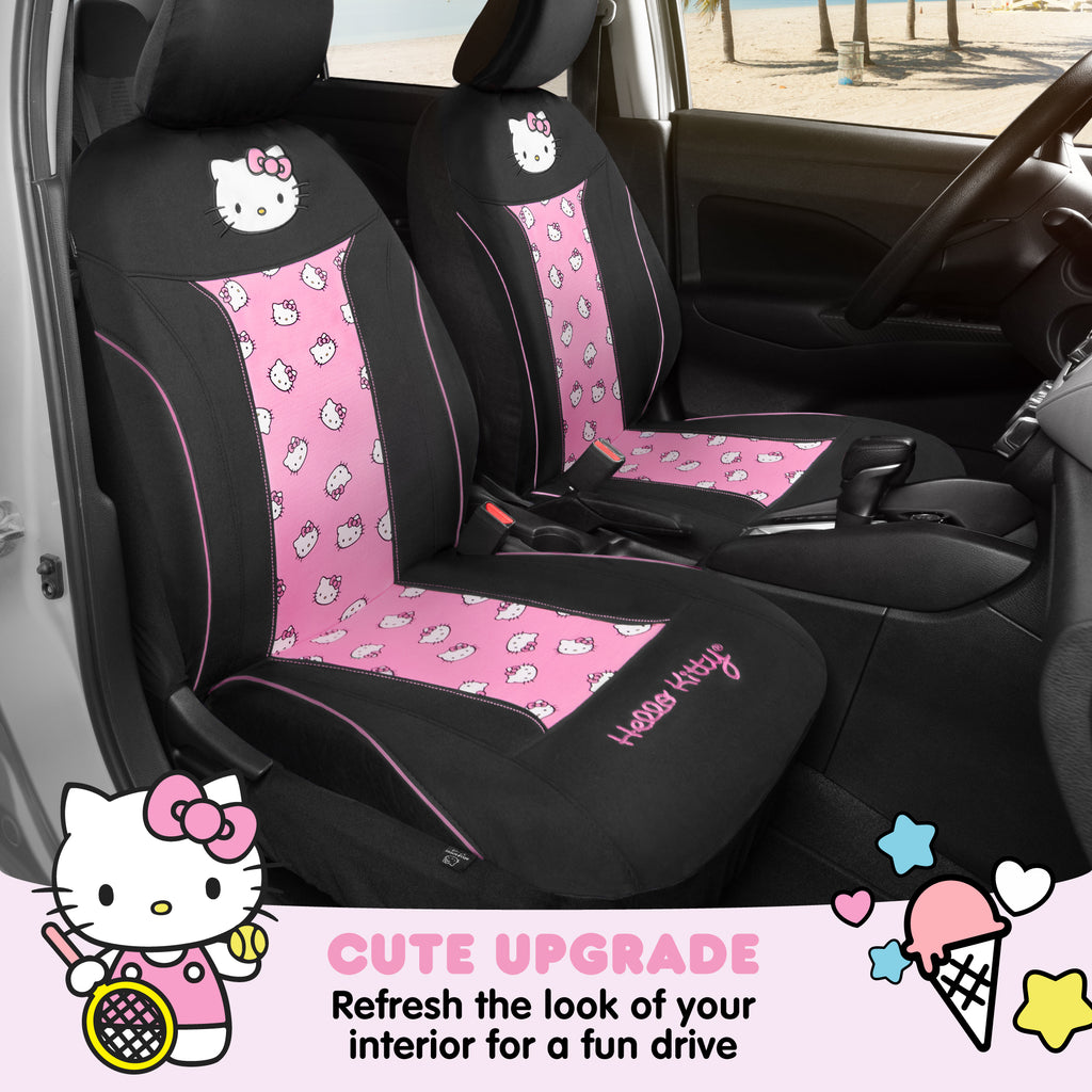 [Bundle] Hello Kitty Car Seat Covers, Car Floor Mats, Steering Wheel Cover, Windshield Sun Shade for Car Gift Pack Car Air Freshener Black and Pink Hello Kitty Car Accessories for Women 9pc Combo