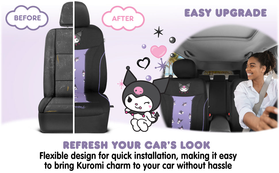 Sanrio Kuromi Car Seat Cover - Cute Black and Purple Front Seat Cover with Lavender Accents, Durable and Comfortable Polyester, Hello Kitty & Friends Car Accessories 1pc