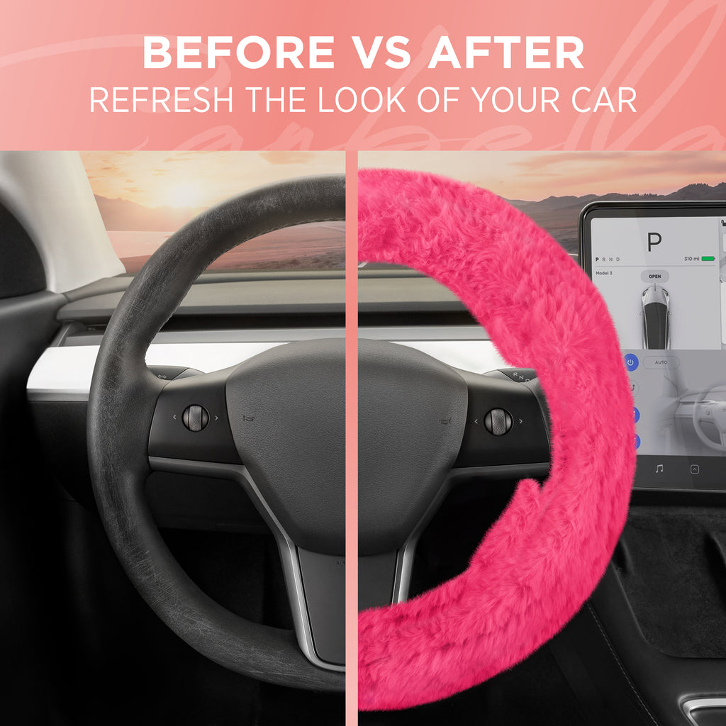 Plush Faux Fur Steering Wheel Cover (Standard 14.5" - 15.5") - Hot Pink - Hot Pink