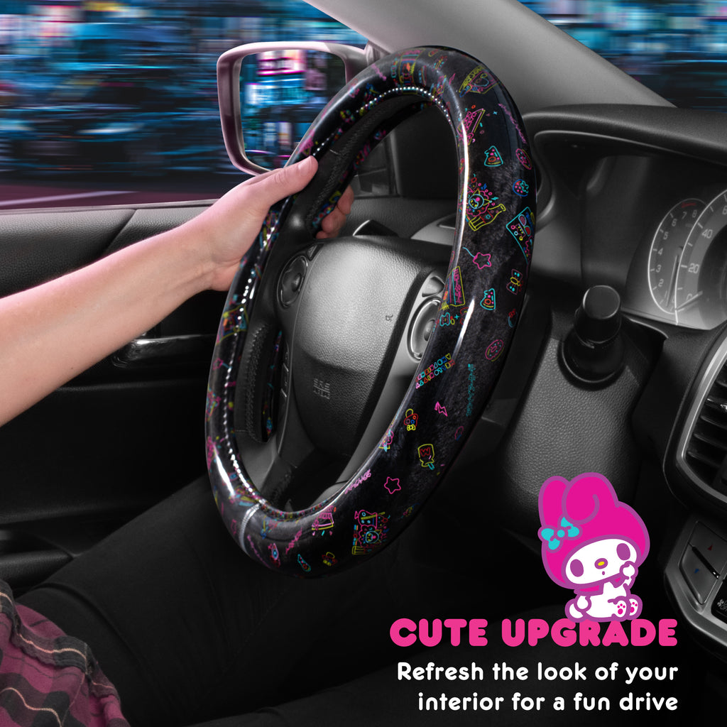 Hello Kitty Steering Wheel Cover, Official Sanrio Car Steering Wheel Cover with Universal Size 14.5 - 15.5, Cute Black Steering Wheel Cover for Women, Hello Kitty Car Accessories (Hello Kitty Kawaii Arcade)