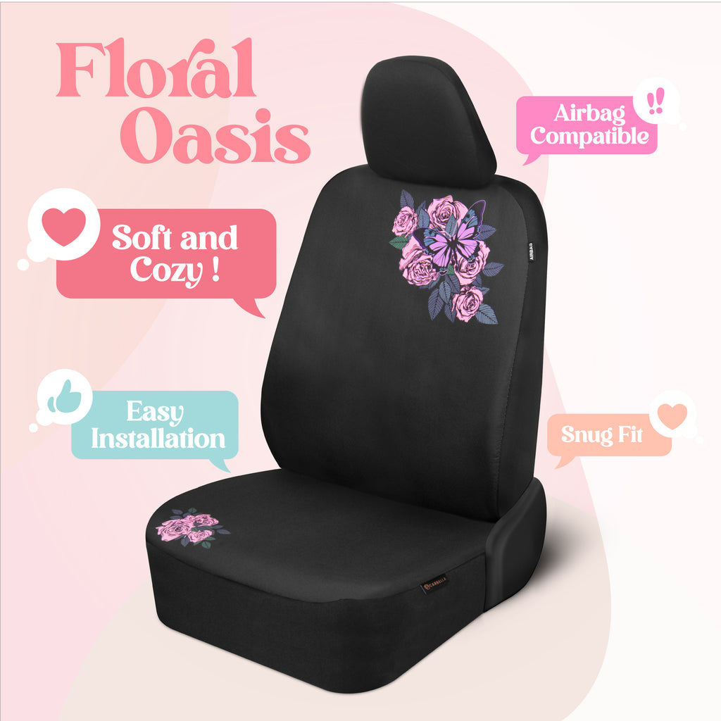 Pink Butterfly & Flowers Car Seat Covers, Cute Car Accessories for Women Front Seat Covers for Car Fits most Cars Trucks Vans SUV Embroidered Design