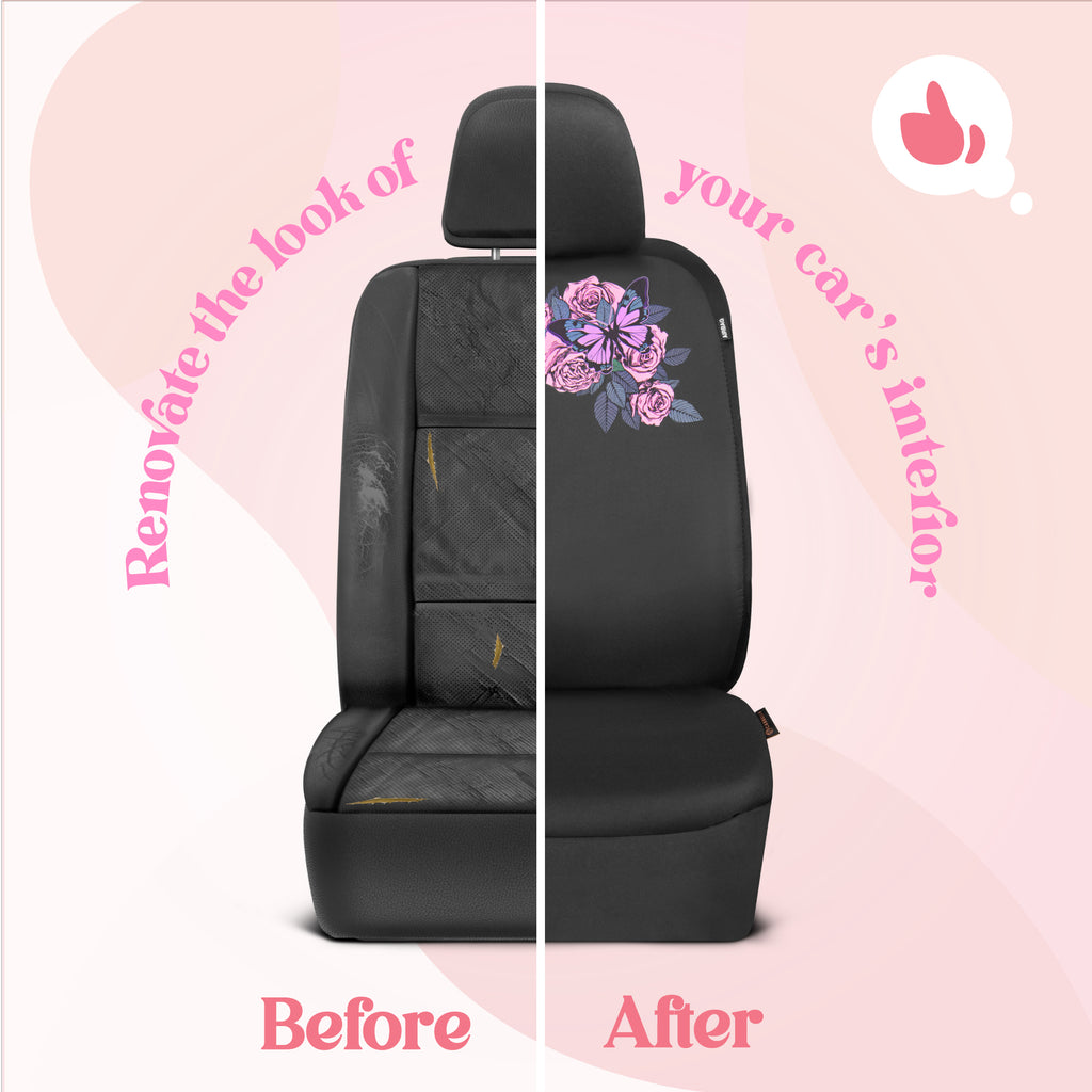 Pink Butterfly & Flowers Car Seat Covers, Cute Car Accessories for Women Front Seat Covers for Car Fits most Cars Trucks Vans SUV Embroidered Design