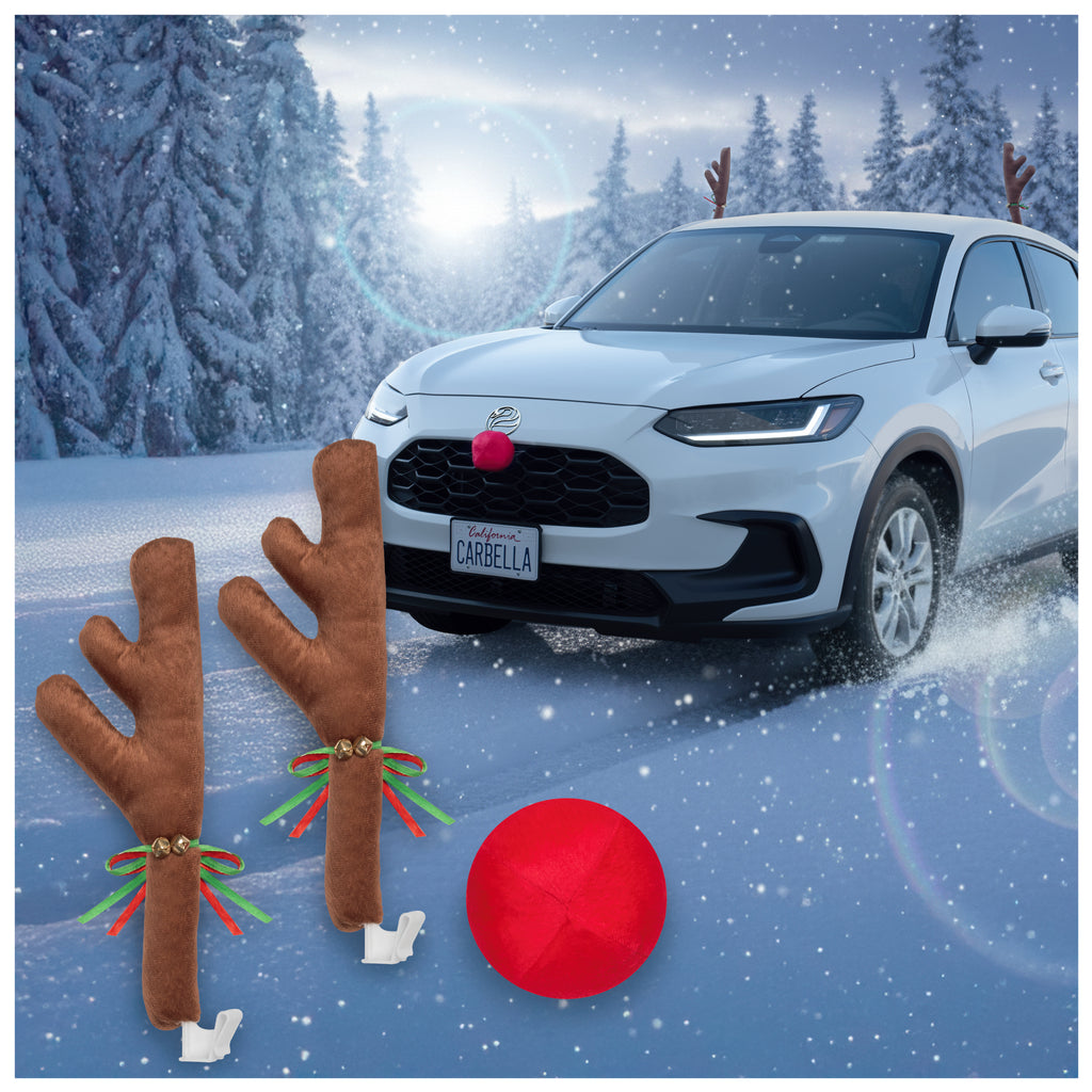 Carbella Car Christmas Reindeer Antlers and Nose - Xmas Decorations for Car - Window Holiday Kit for Car Truck Van SUV
