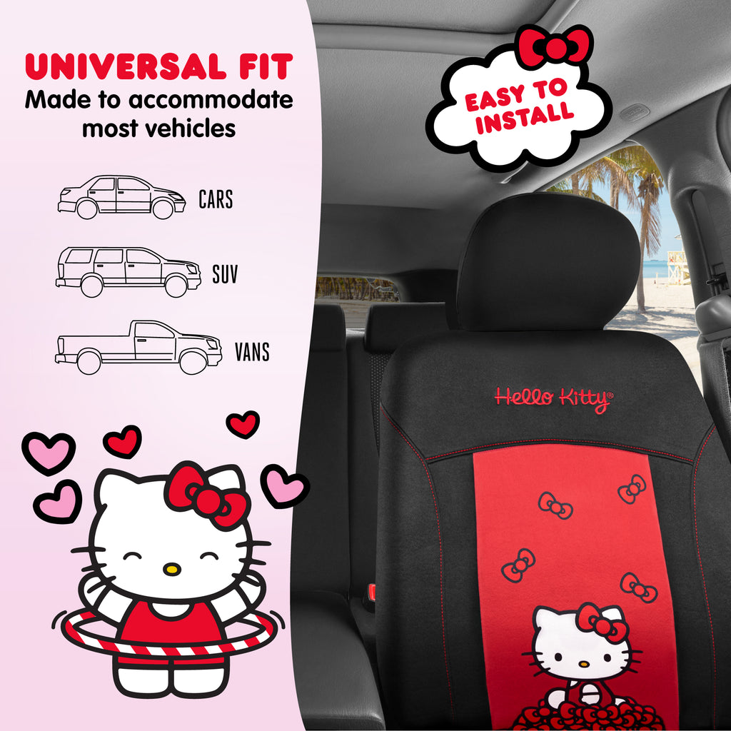 Sanrio Hello Kitty Car Seat Cover - Stylish Black and Red Front Seat Cover with Cute Bow Design, Durable and Comfortable Polyester, Hello Kitty & Friends Car Accessories 1pc