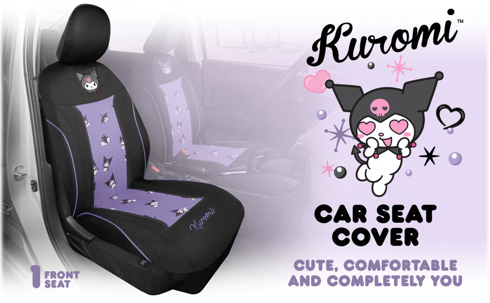 Sanrio Kuromi Car Seat Cover - Cute Black and Purple Front Seat Cover with Lavender Accents, Durable and Comfortable Polyester, Hello Kitty & Friends Car Accessories 1pc