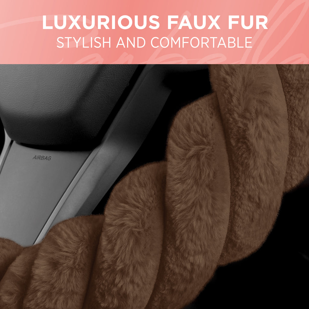 Twisted Plush Faux Fur Steering Wheel Cover (Standard 14.5" - 15.5") - Brown - Brown